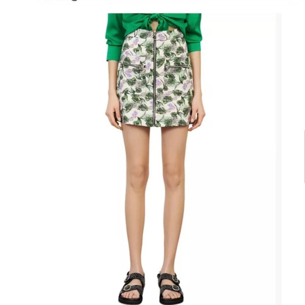 Maje Jizer floral print green white zipper mini skirt Size 34 US 0